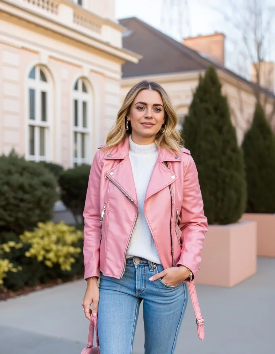 Giacchetto di pelle rosa stile femminile