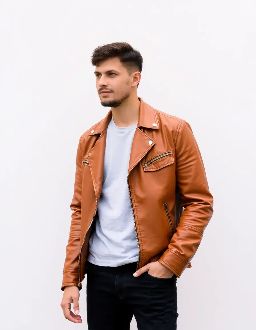 Tan Leather Casual Jacket: giacca in pelle color cuoio rilassata e naturale