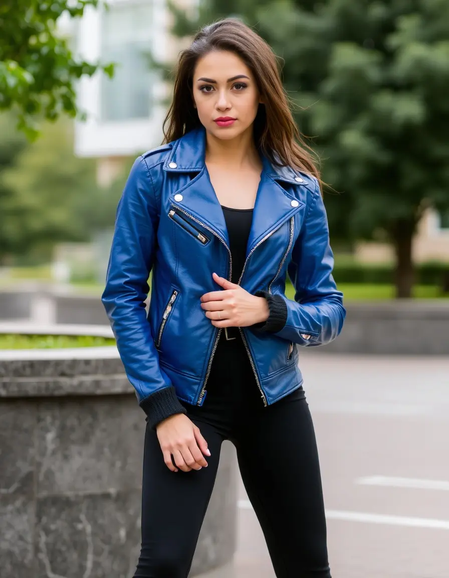 Blue Leather Sporty Jacket: giacca in pelle blu sportiva e dinamica