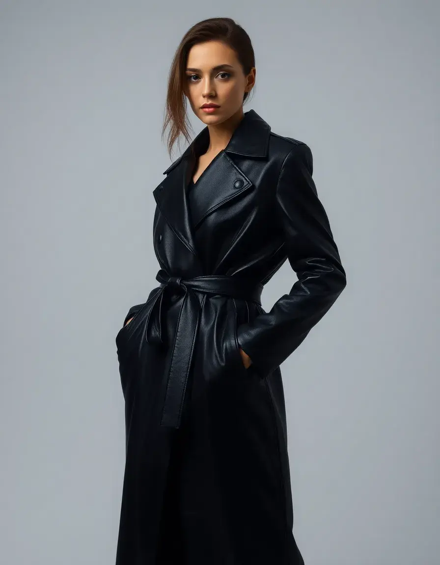 Cappotto lungo in pelle nera uomo con cintura e posa drammatica