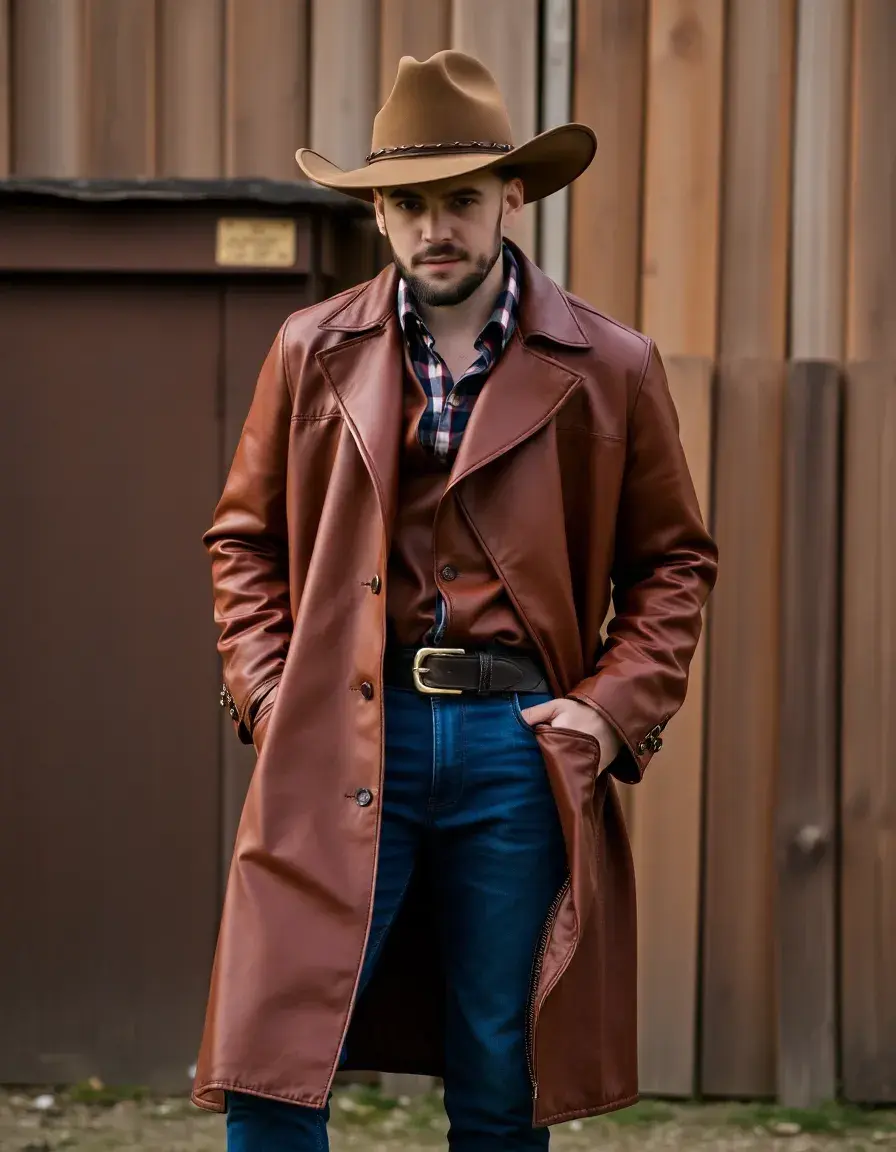 Duster in pelle marrone stile western uomo