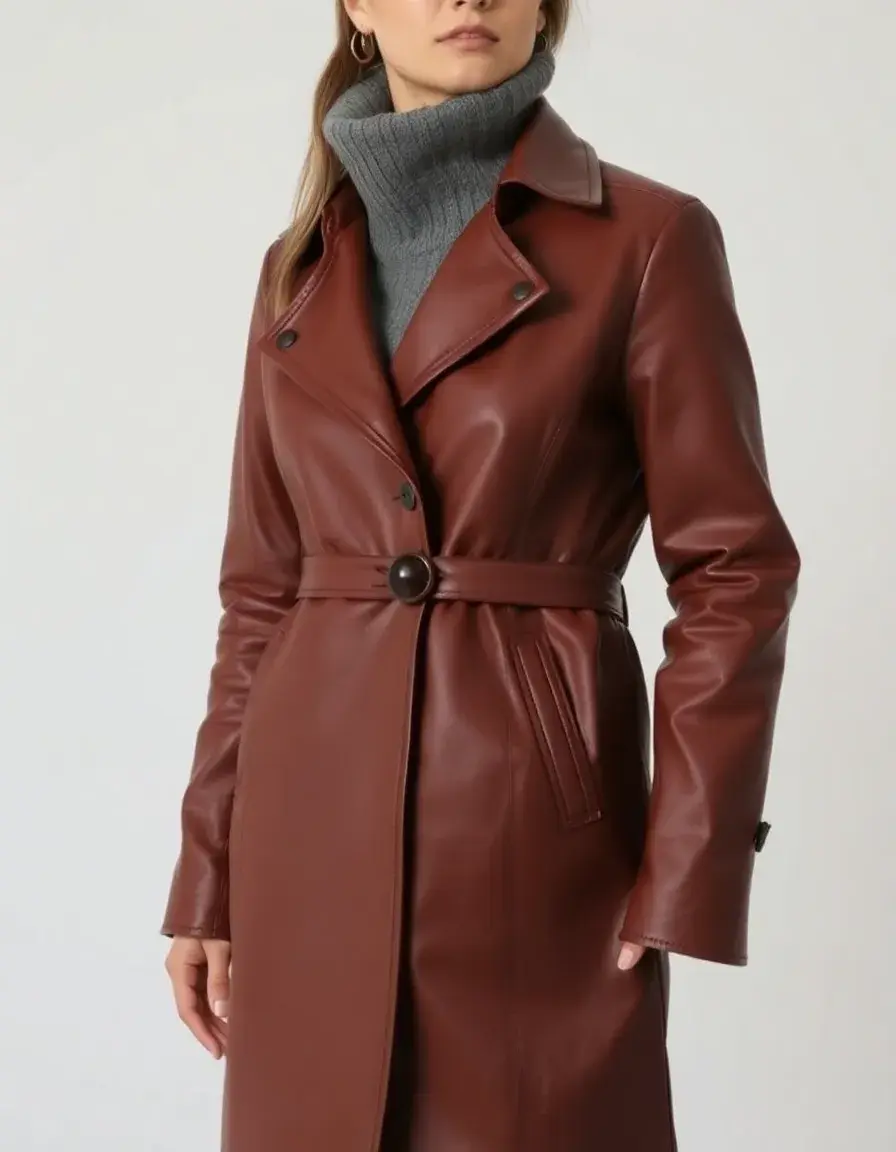 Car coat in pelle marrone lunghezza al ginocchio uomo