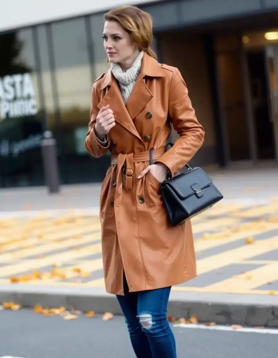 Trench classico in pelle color cuoio chiaro uomo