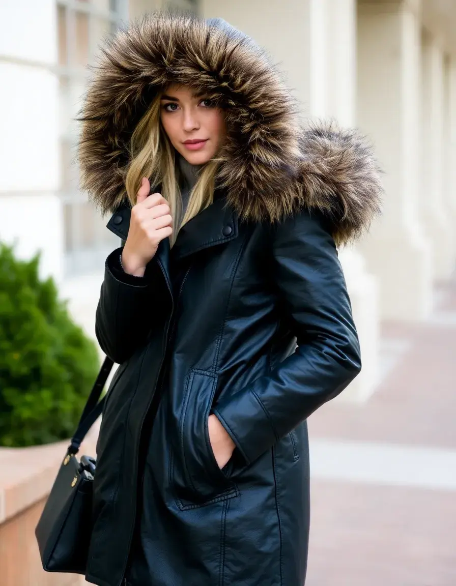 Parka in pelle nera con dettagli in pelliccia per uomo