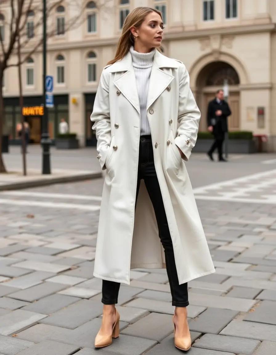 Cappotto lungo in pelle bianca stile pulito e moderno