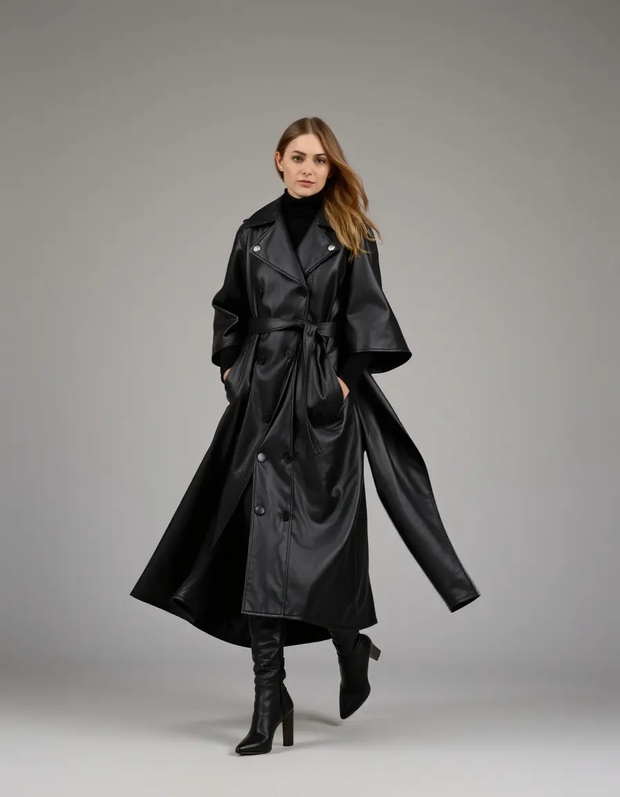Mantella in pelle nera stile fluido e creativo