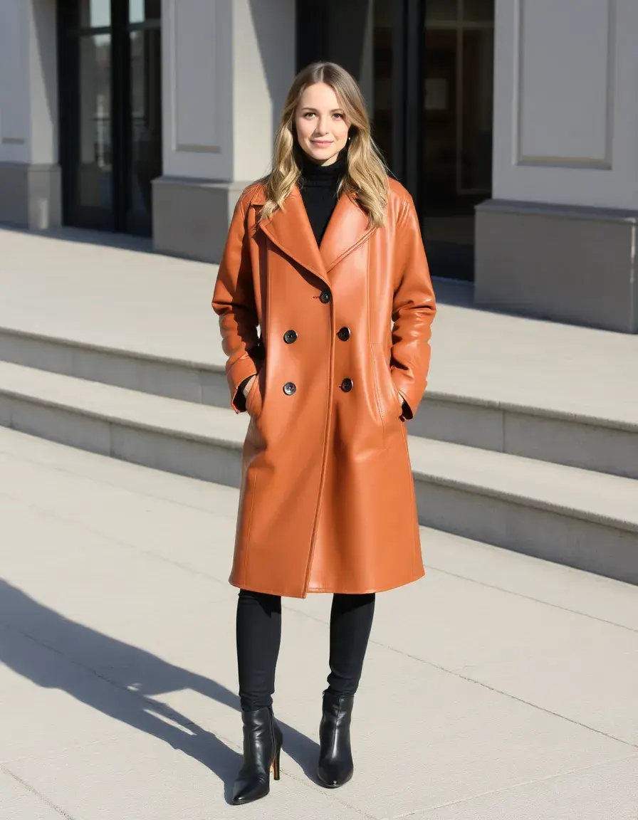Cappotto in pelle color cuoio con taglio ad A swing