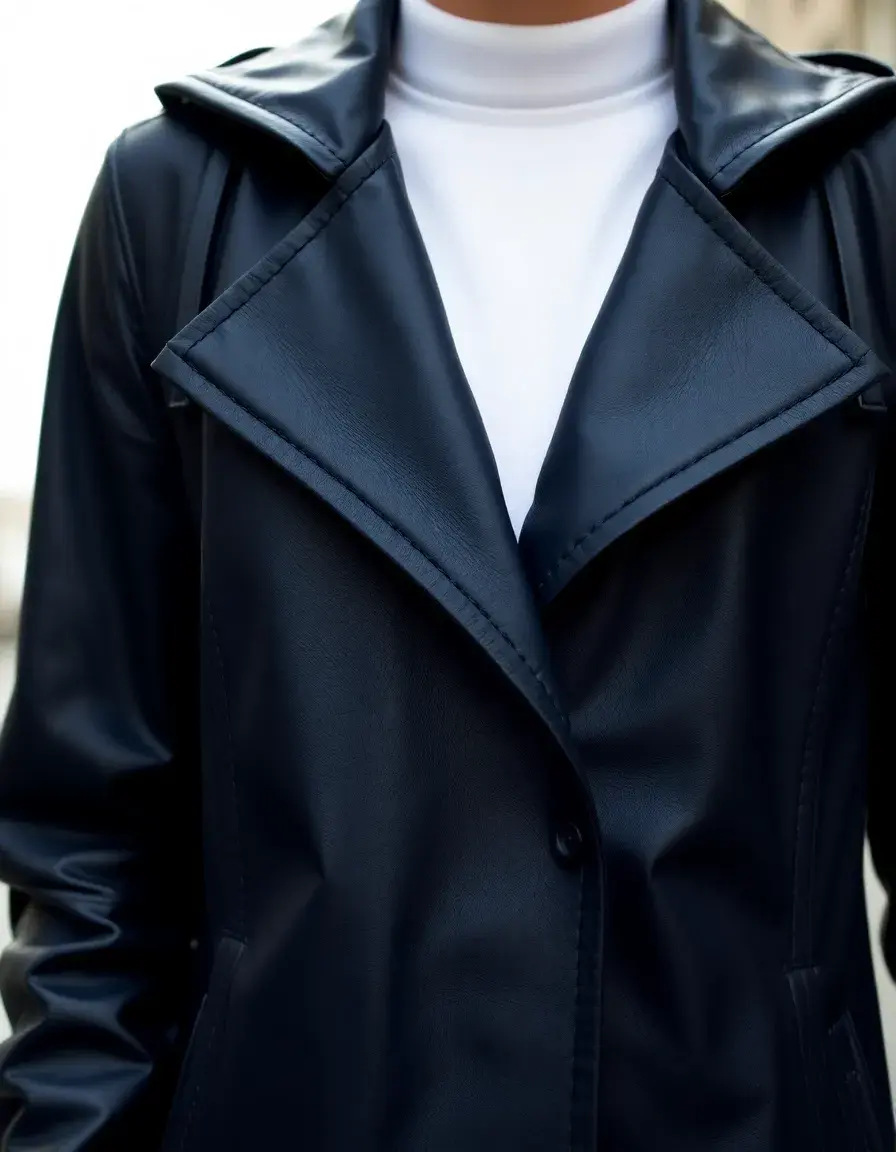 Cappotto in pelle blu navy con cappuccio funzionale