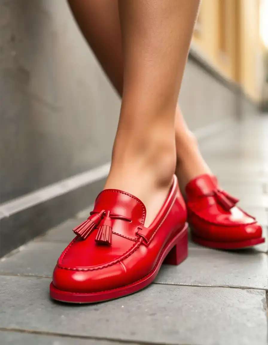 Mocassini donna pelle rossa con nappine eleganti