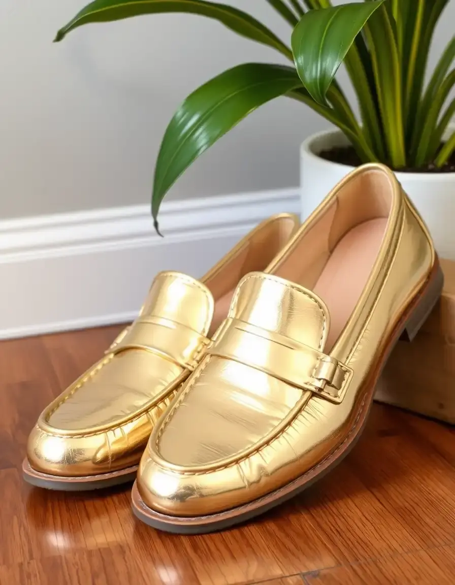 Mocassini in pelle laminata oro, effetto metallizzato lucido