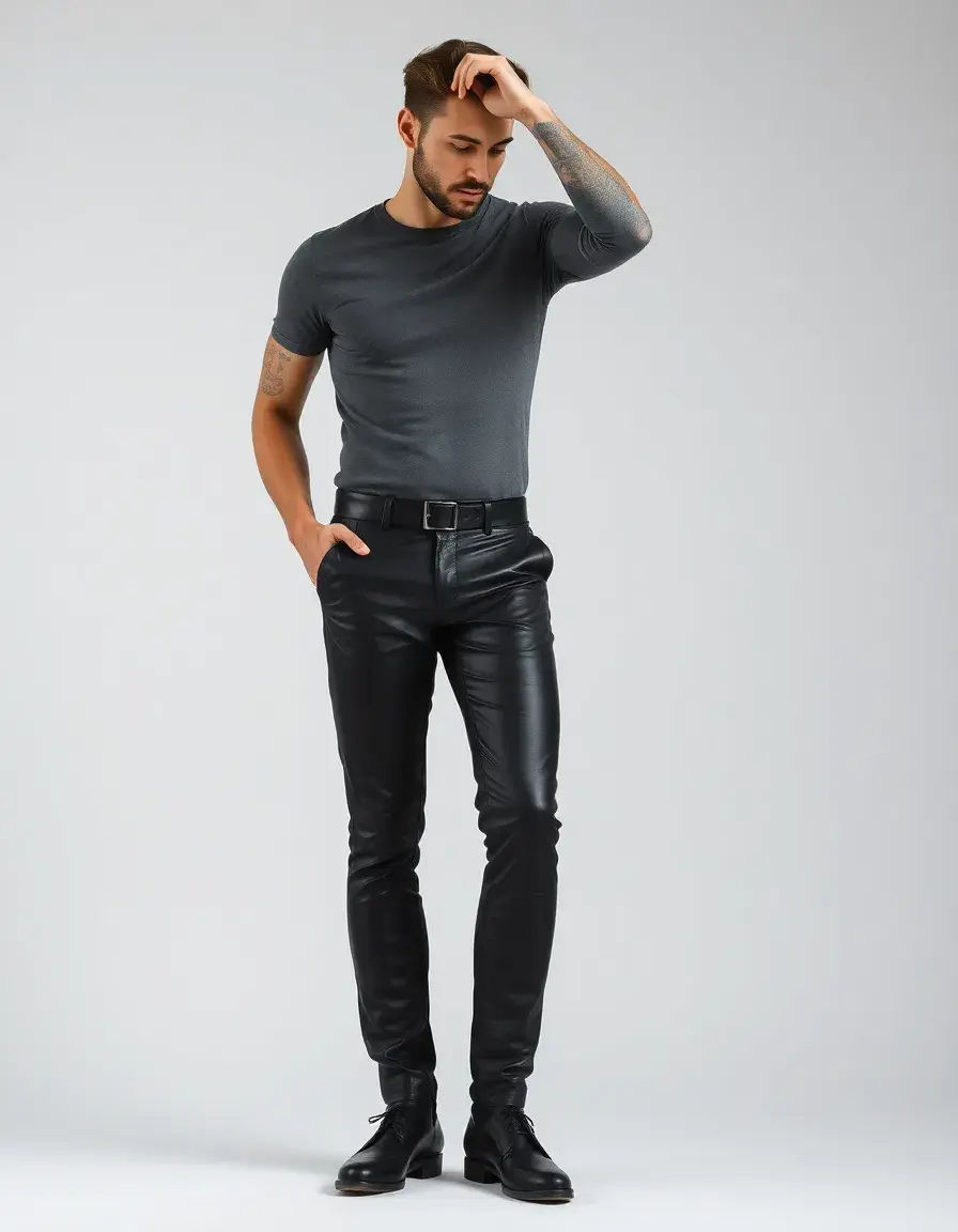Pantaloni di pelle nera uomo slim fit stile moderno