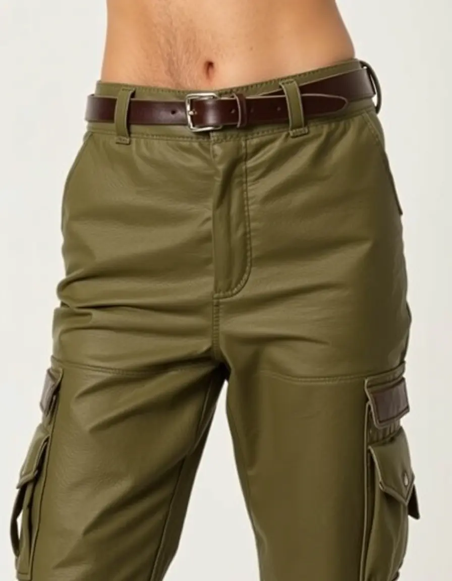 Pantaloni cargo in pelle verde oliva con tasche