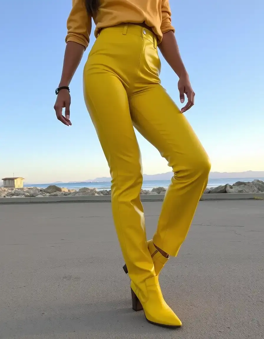 Pantaloni di pelle gialla a vita alta