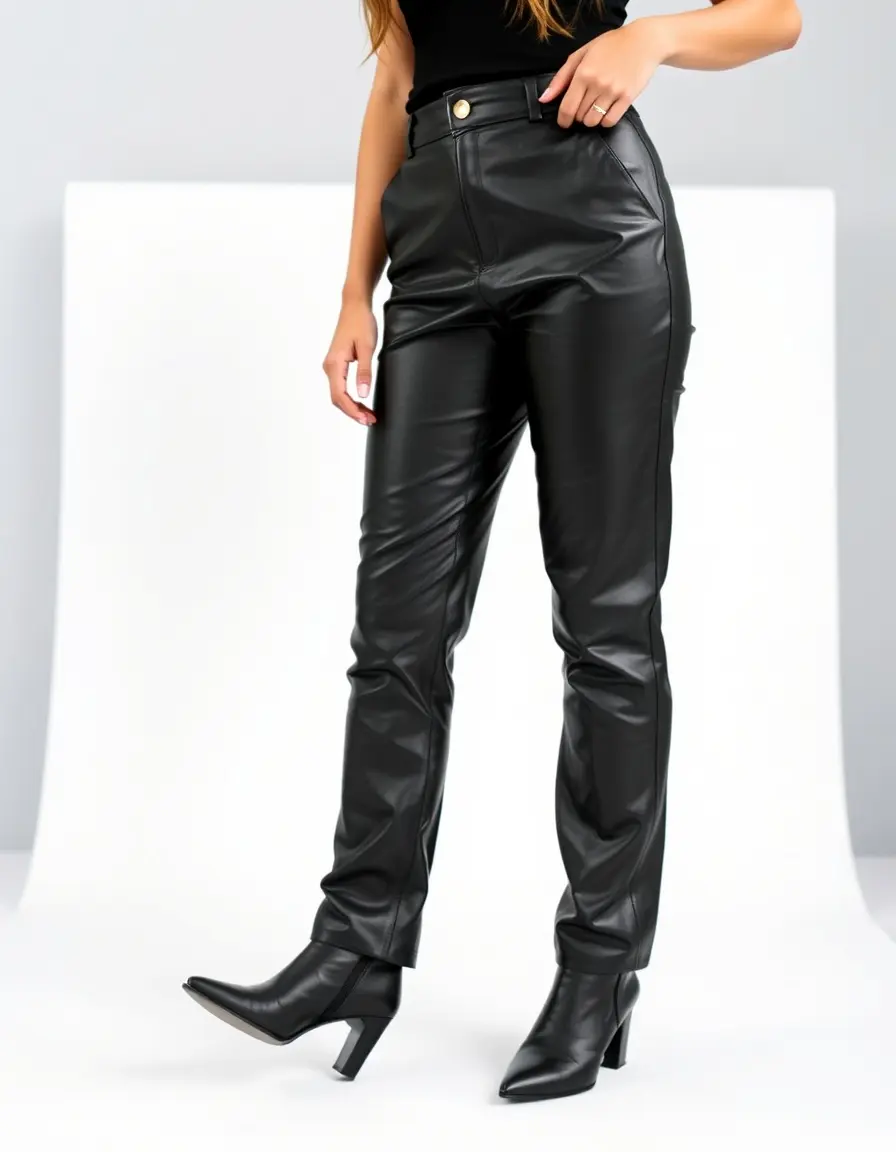 Pantaloni in pelle nera a vita alta per donna, eleganti e moderni