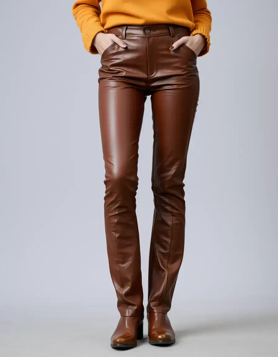 Pantaloni in pelle marrone stile flare, design retro anni 70