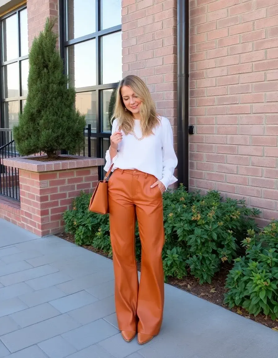 Pantaloni in pelle color cuoio a gamba larga