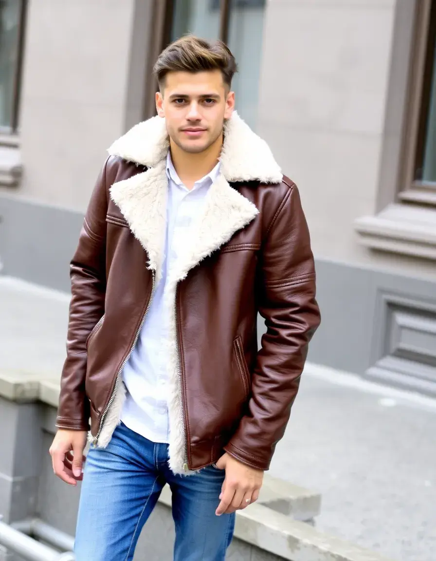 Giacca in pelle marrone con interno in shearling caldo