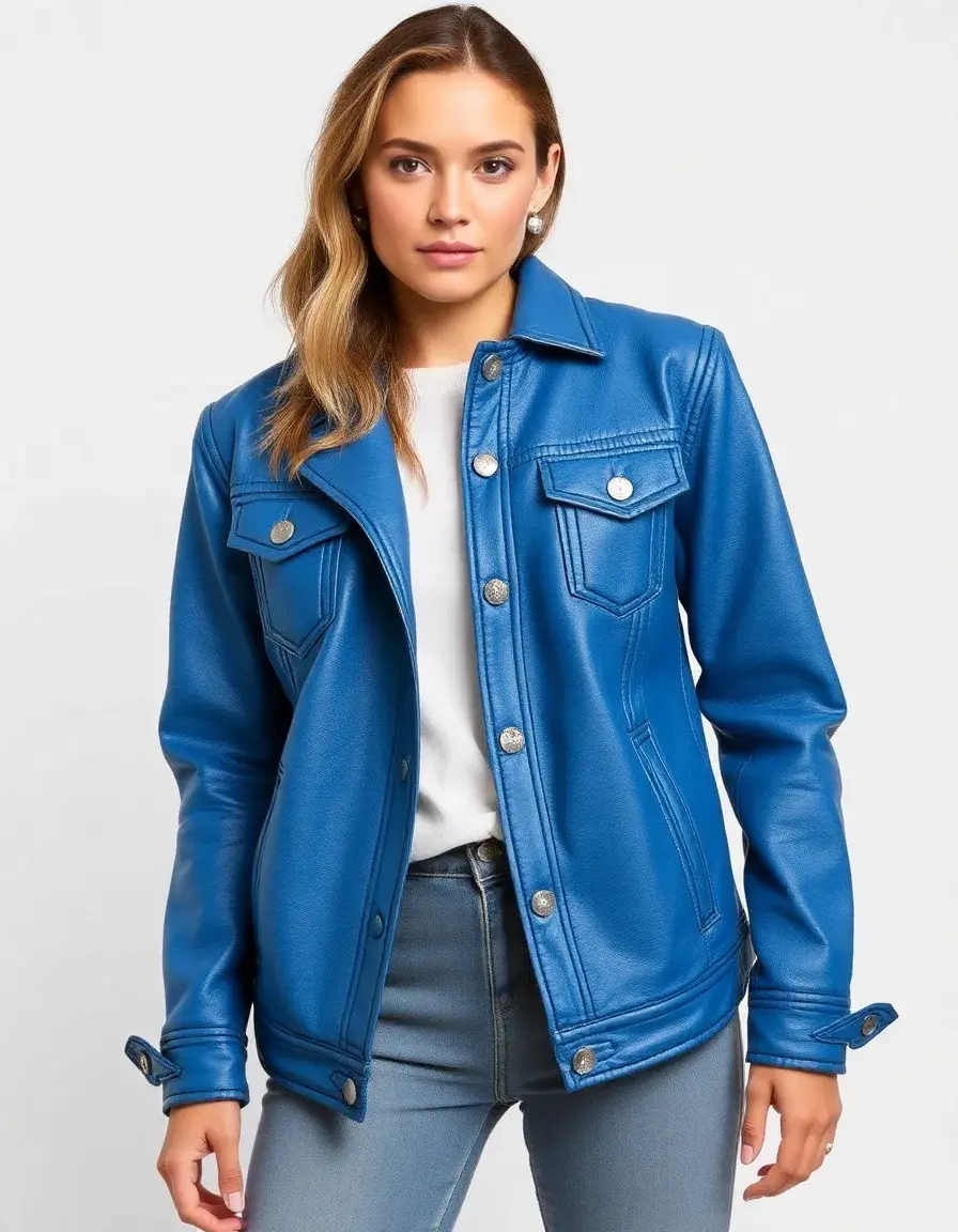 Giacca in pelle blu stile denim con bottoni frontali