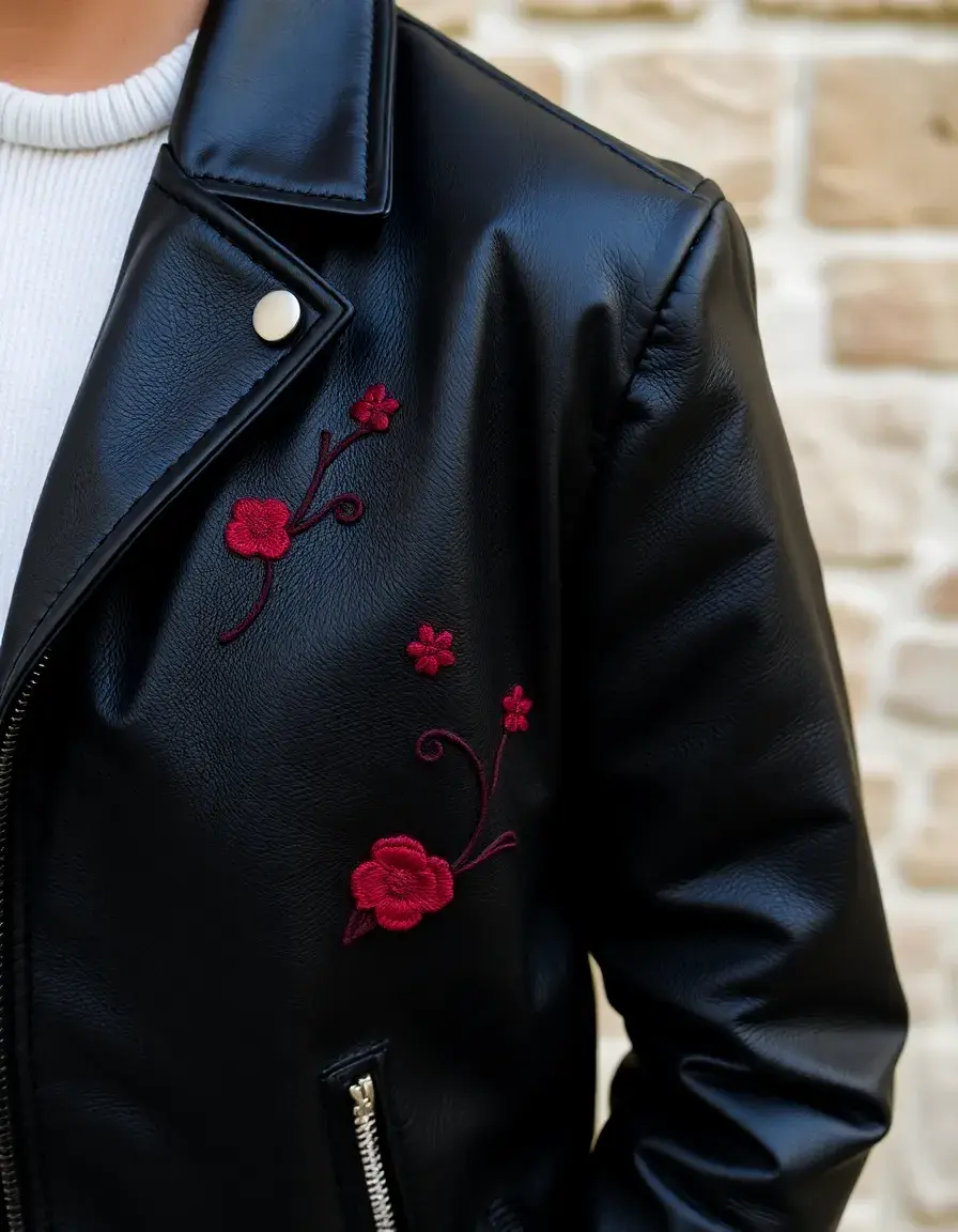 Giacca in pelle nera con ricami floreali colorati