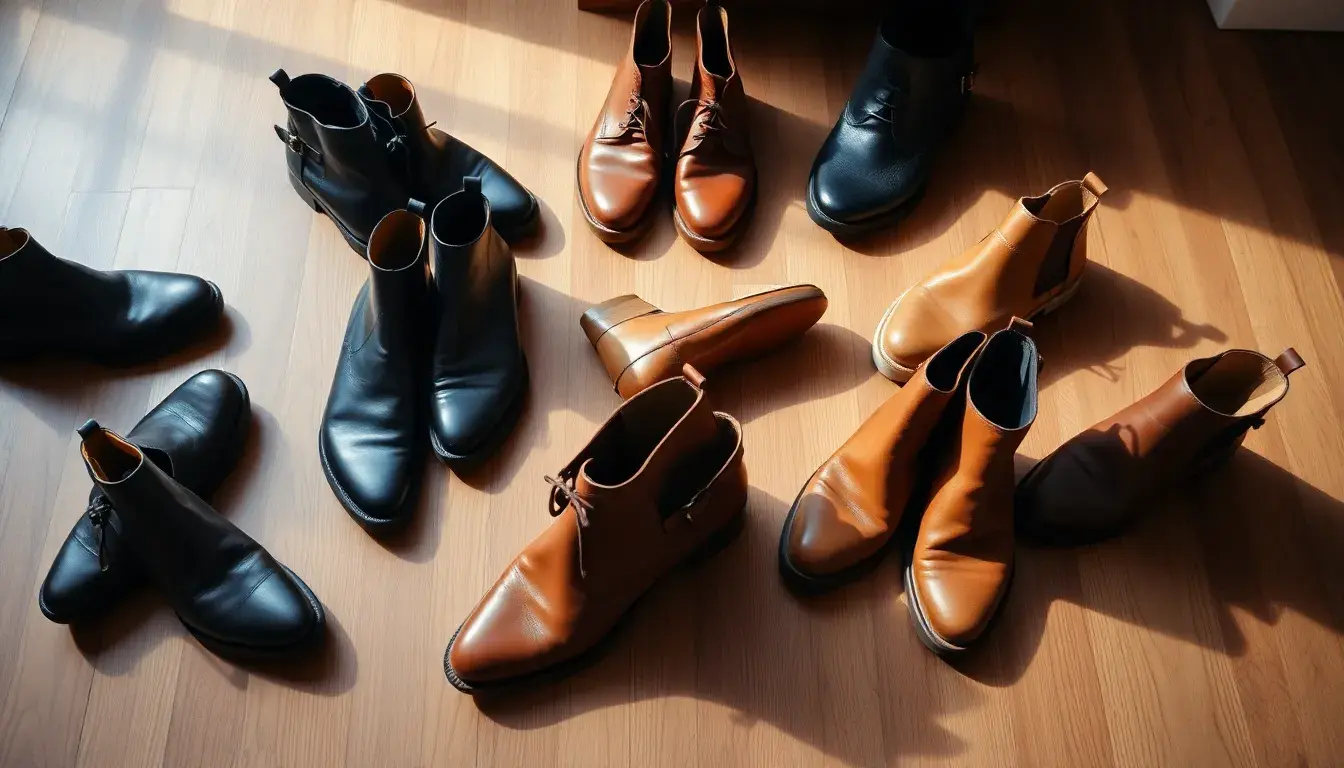 Elegante selezione di stivaletti pelle donna in varie tonalità su pavimento in legno