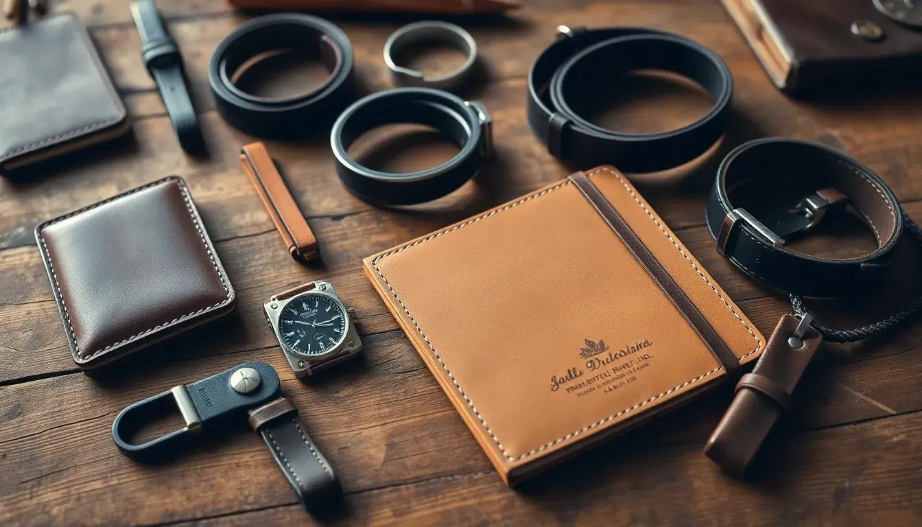 Set di accessori in vera pelle su un tavolo di legno artigianale