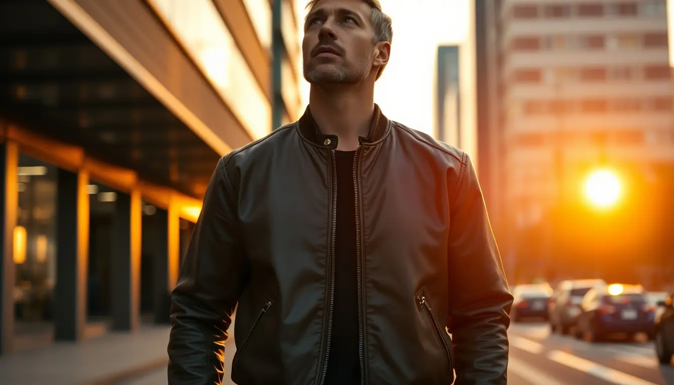 Uomo con bomber pelle uomo di alta qualità in stile urban moderno