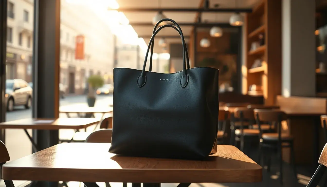 Elegante borsa nera in pelle su un tavolo di legno in un caffè moderno