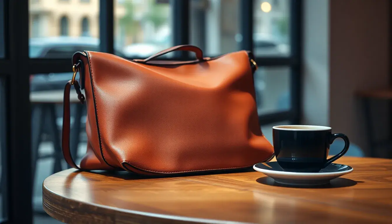 Borsa tracolla pelle marrone su tavolo di legno in un caffè urbano