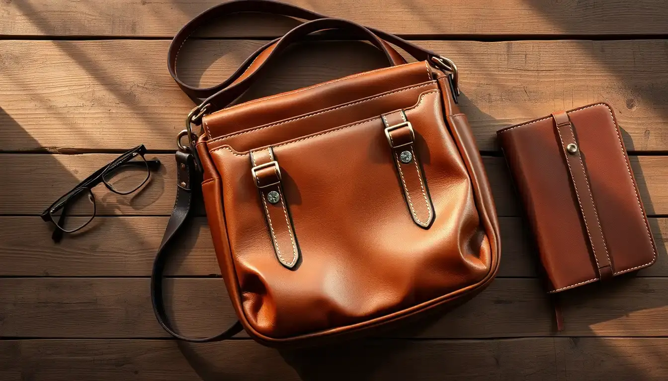 Borsa a tracolla in pelle pieno fiore color cognac su tavolo di legno rustico