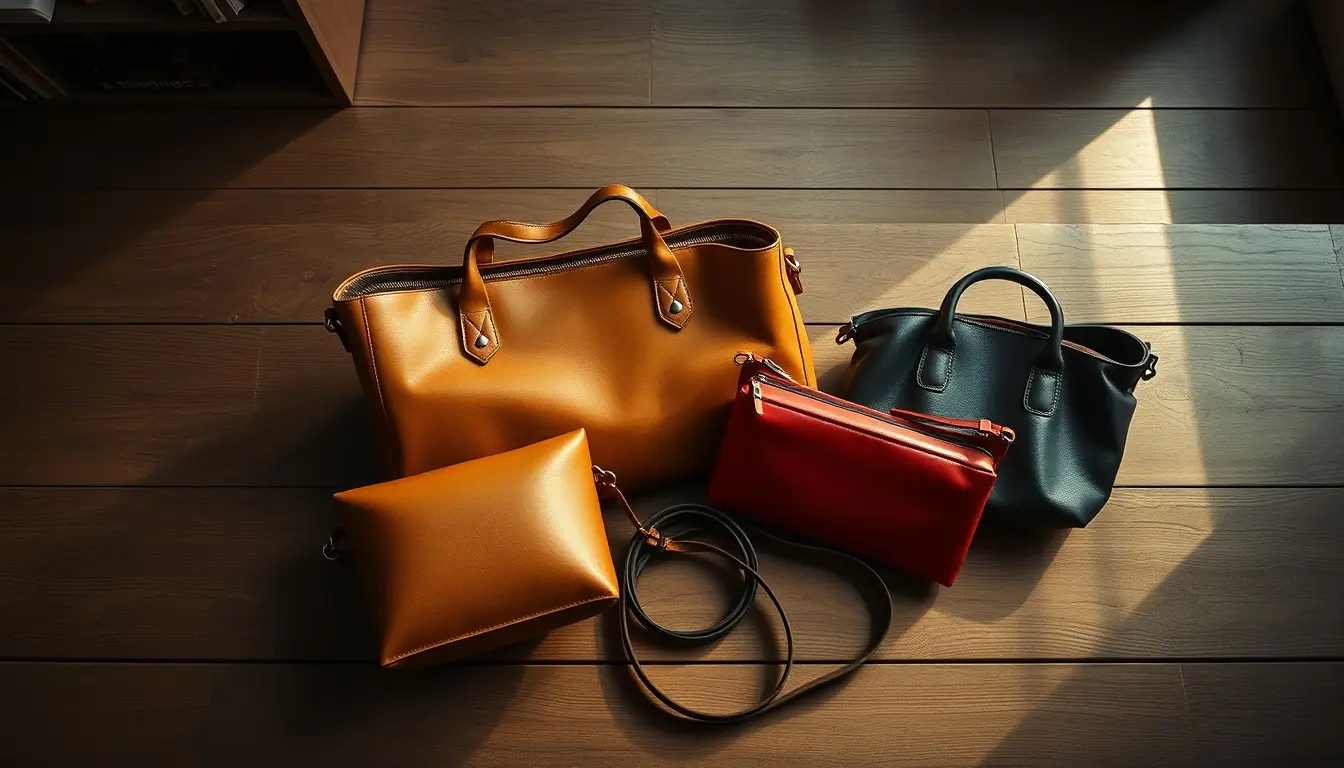 Selezione di borse di pelle donna eleganti su un tavolo di legno artigianale
