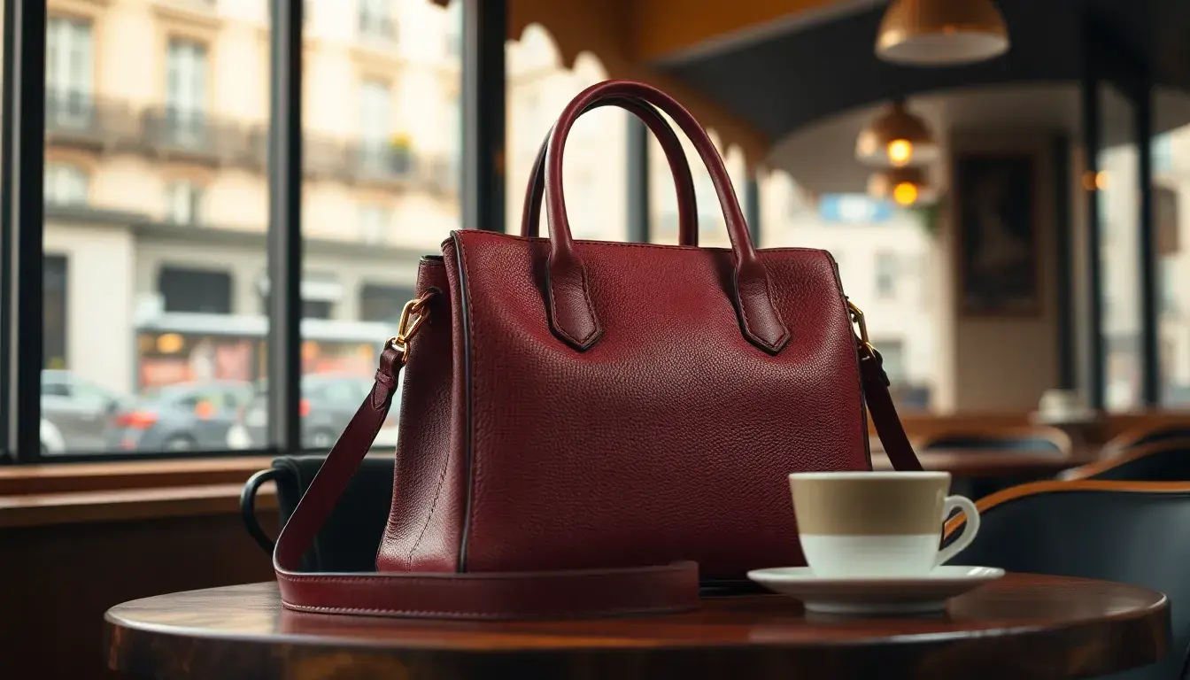 Borsa a tracolla in pelle artigianale su un tavolo in legno in un ambiente urbano raffinato