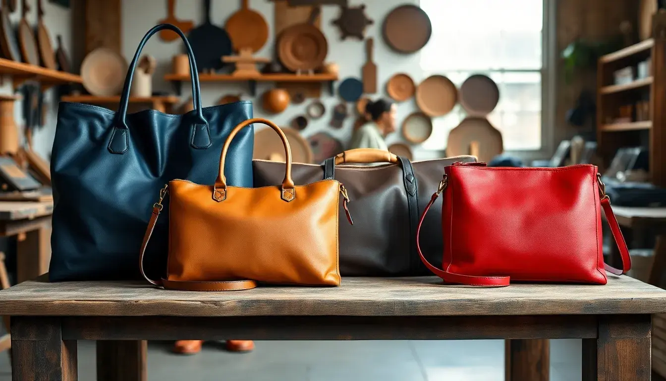 Eleganti borse pelle donna in diversi colori e stili disposte su un tavolo di legno artigianale