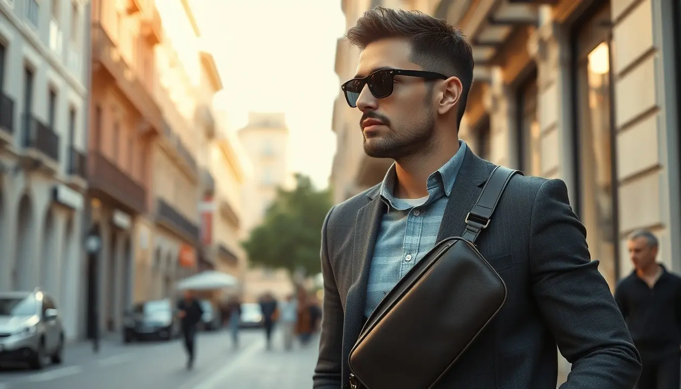 Uomo elegante con borsello in pelle nera passeggia in città, stile moderno e artigianale.