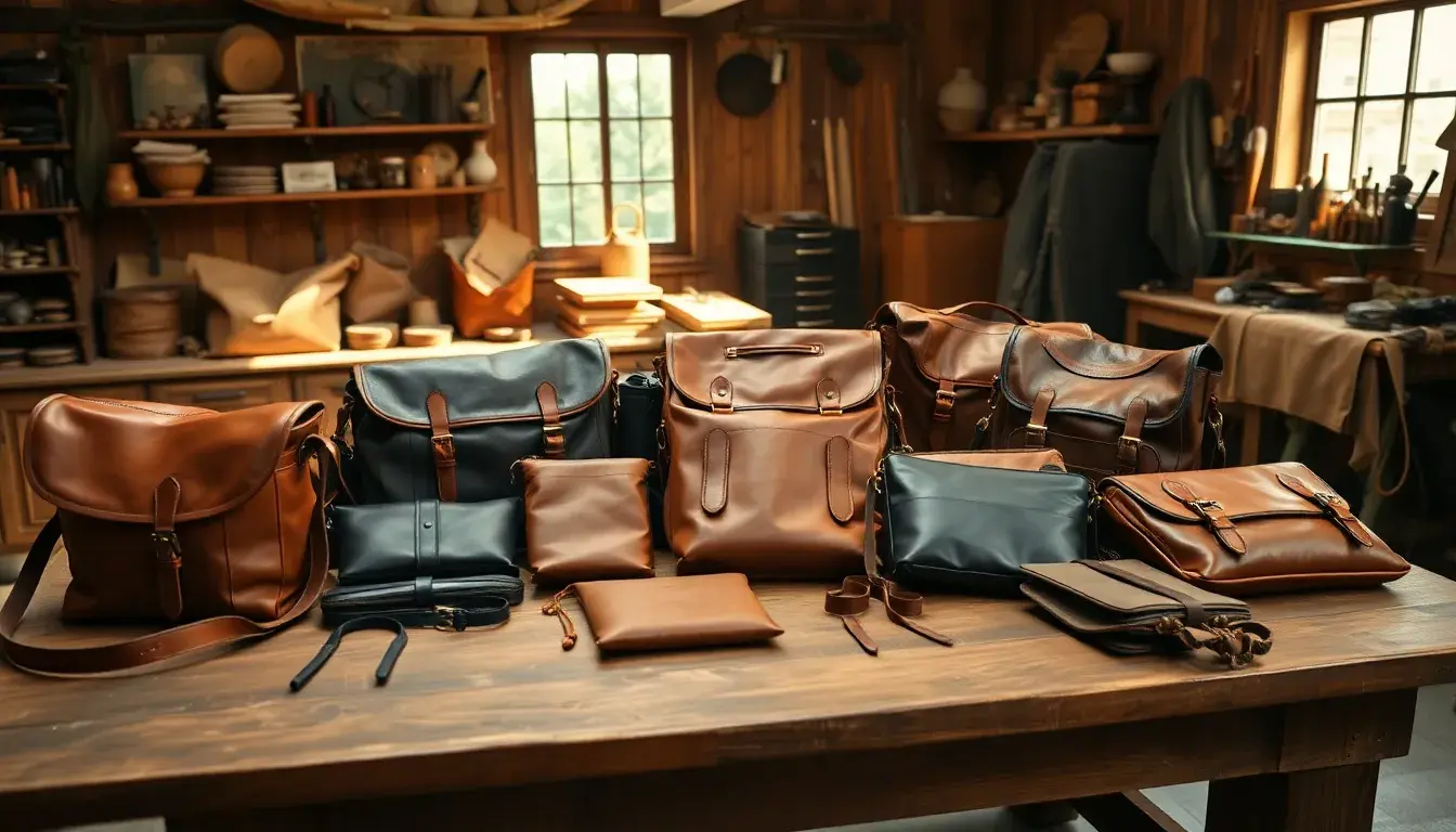 Selezione di eleganti borselli di pelle uomo artigianali su un tavolo di legno.