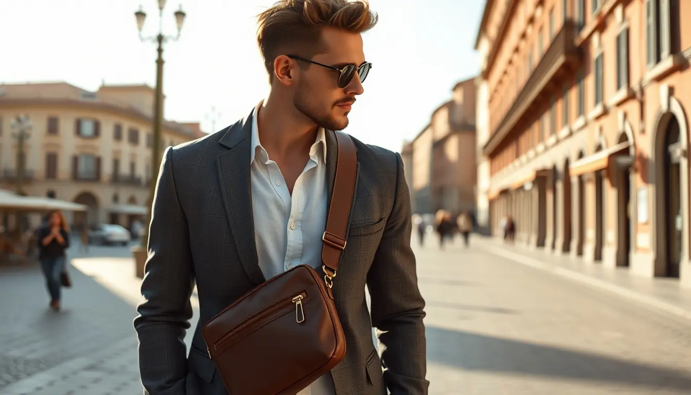 Uomo elegante con borsello in pelle artigianale cammina in un contesto urbano moderno