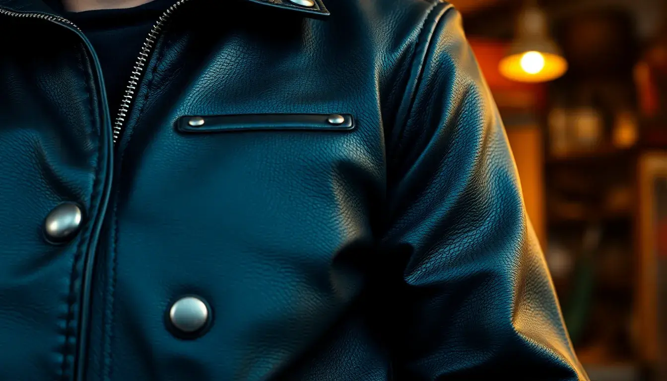 Chiodo di pelle nero con borchie metalliche e texture pieno fiore in primo piano