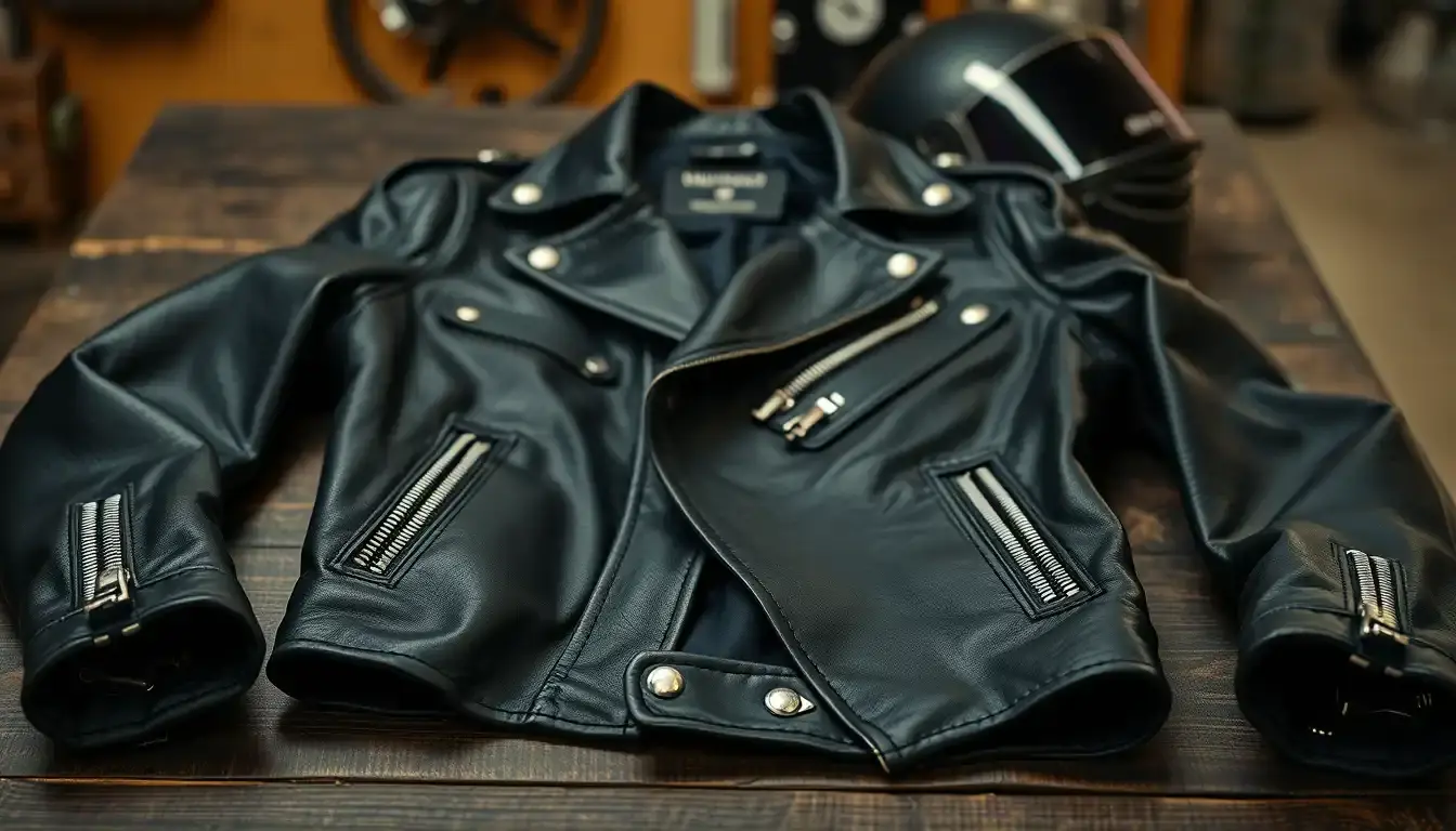 Chiodo in pelle uomo nero stile punk con borchie e zip su tavolo in legno
