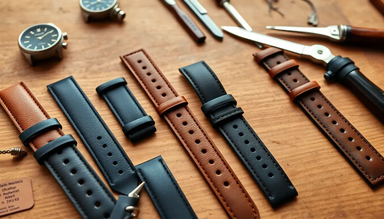 Selezione di cinturini per orologi in pelle artigianale su un banco da lavoro in legno.