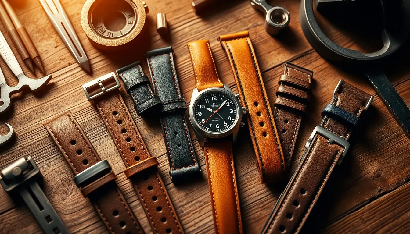 Vari cinturini orologio pelle di alta qualità su un tavolo da artigiano con strumenti