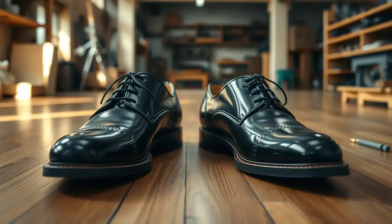 Primo piano di scarpe in pelle lucida nera rifinite a mano in un laboratorio artigianale