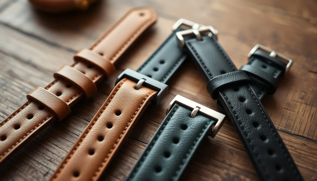 Varietà di cinturini per orologio in pelle artigianale su un tavolo in legno scuro