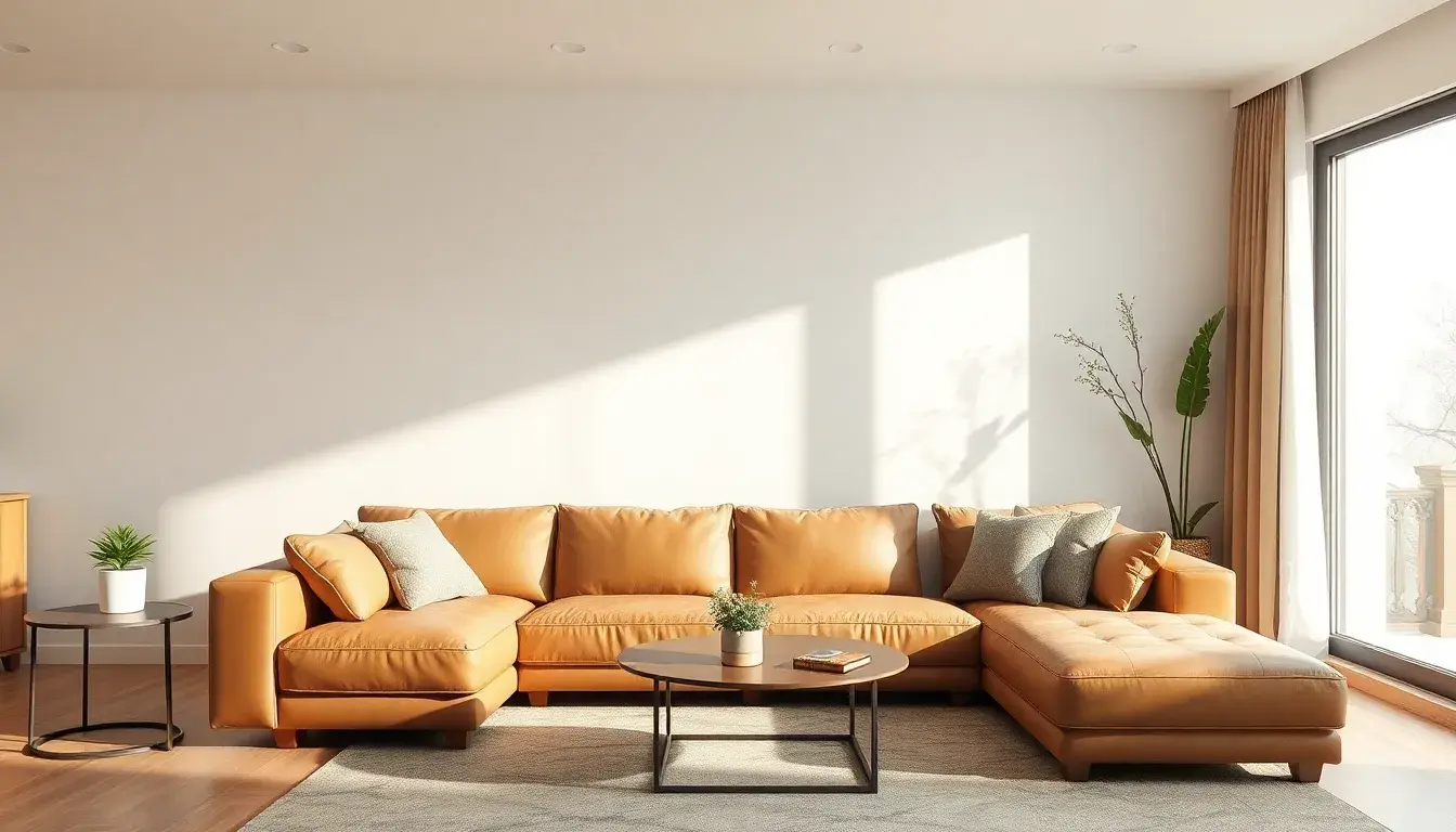 Divano in pelle premium in un soggiorno moderno ed elegante con luce calda