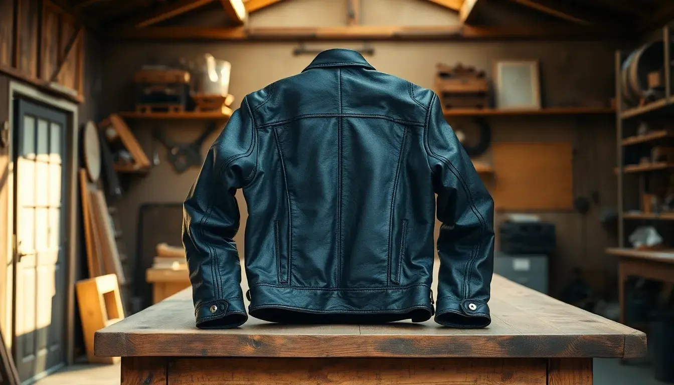 Giacca da moto in pelle nera con protezioni certificate esposta in un workshop artigianale.