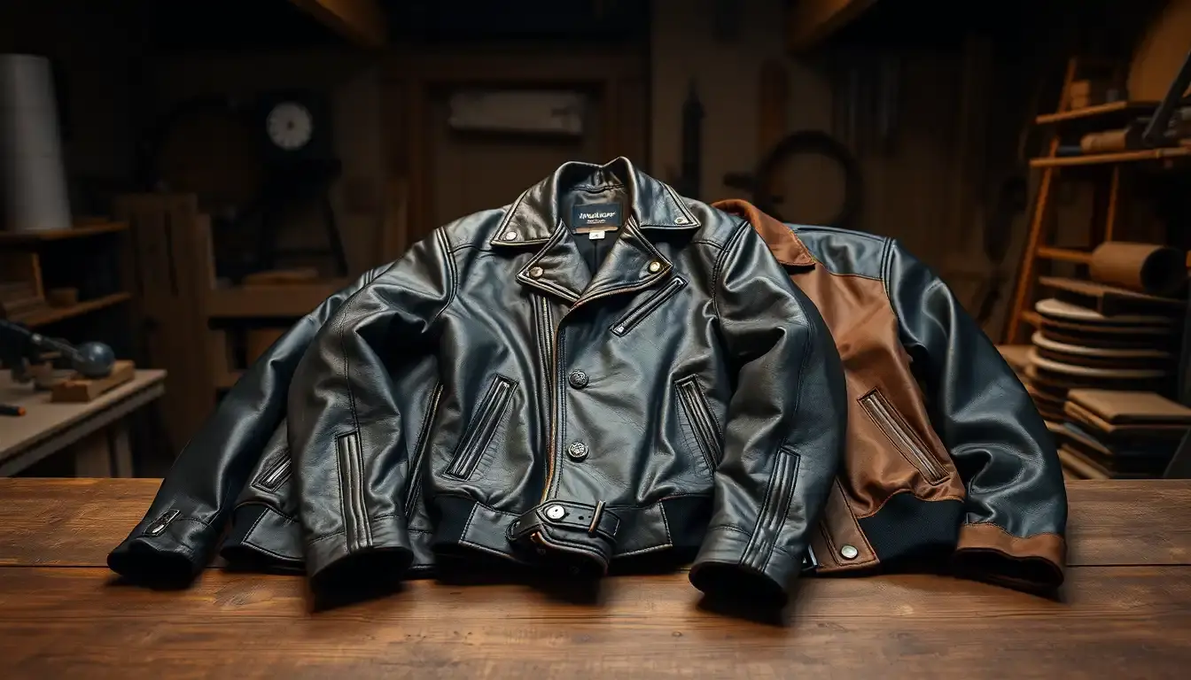 Giacca uomo in pelle nera stile biker e bomber scamosciato su tavolo in legno.