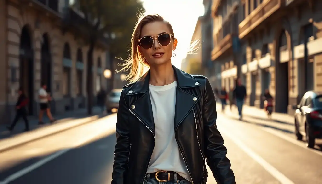 Donna elegante con giubbino pelle donna nero stile biker in una via cittadina
