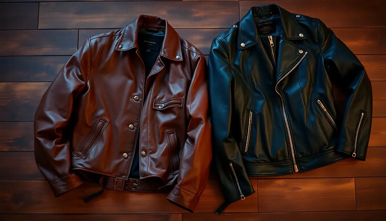 Giubbotto uomo in pelle marrone stile aviatore e giacca moto nera su tavolo in legno