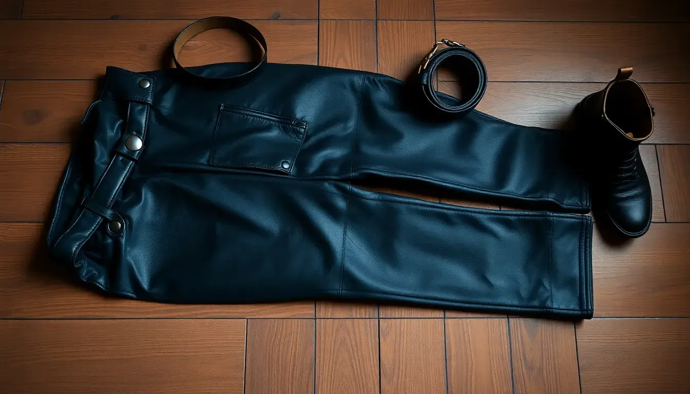 Pantaloni di pelle uomo neri di alta qualità con cintura e stivali in un contesto artigianale