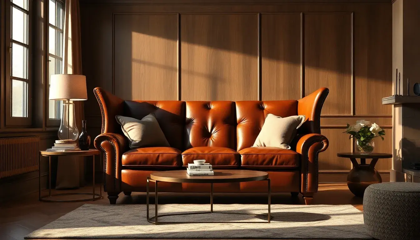 Poltrona wingback in pelle marrone classica in un interno domestico accogliente e raffinato.