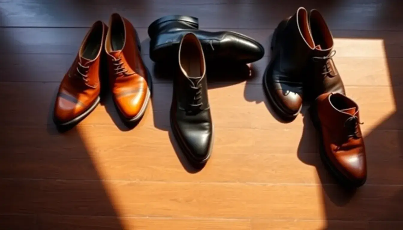 Selezione di eleganti scarpe in pelle uomo su pavimento in legno scuro.