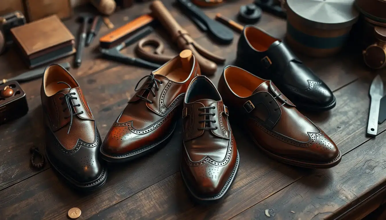 Eleganti scarpe uomo di pelle artigianali disposte su un tavolo di legno